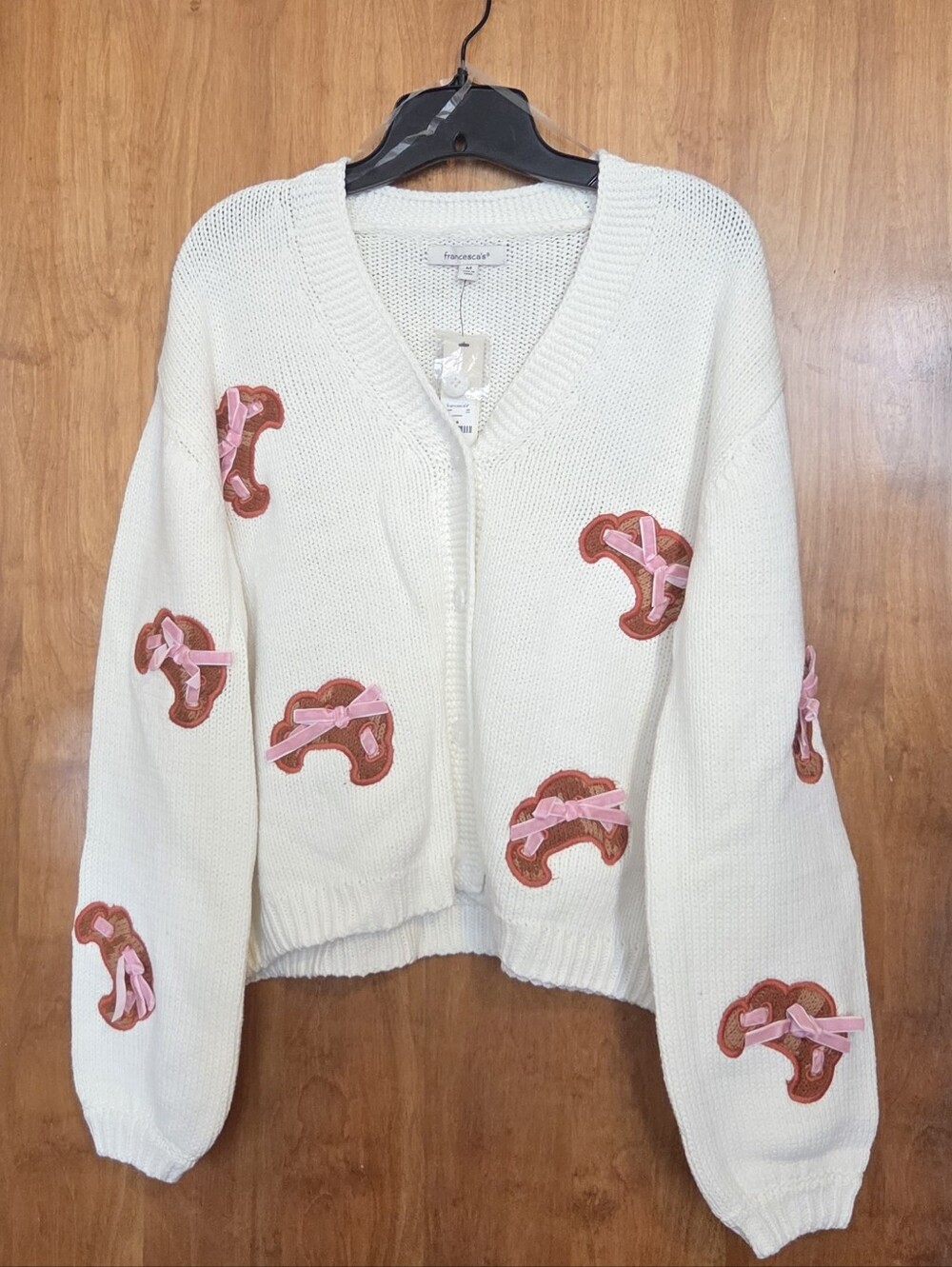 Francesca's Collections Cream V-Neck Knit Cardigan with Pink Bow Appliqués